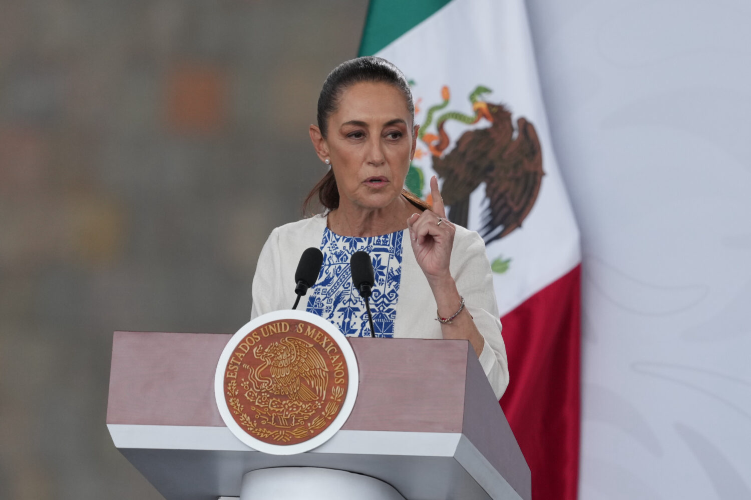 Mexican President Claudia Sheinbaum speaks during a meeting with business leaders in Mexico City, M...