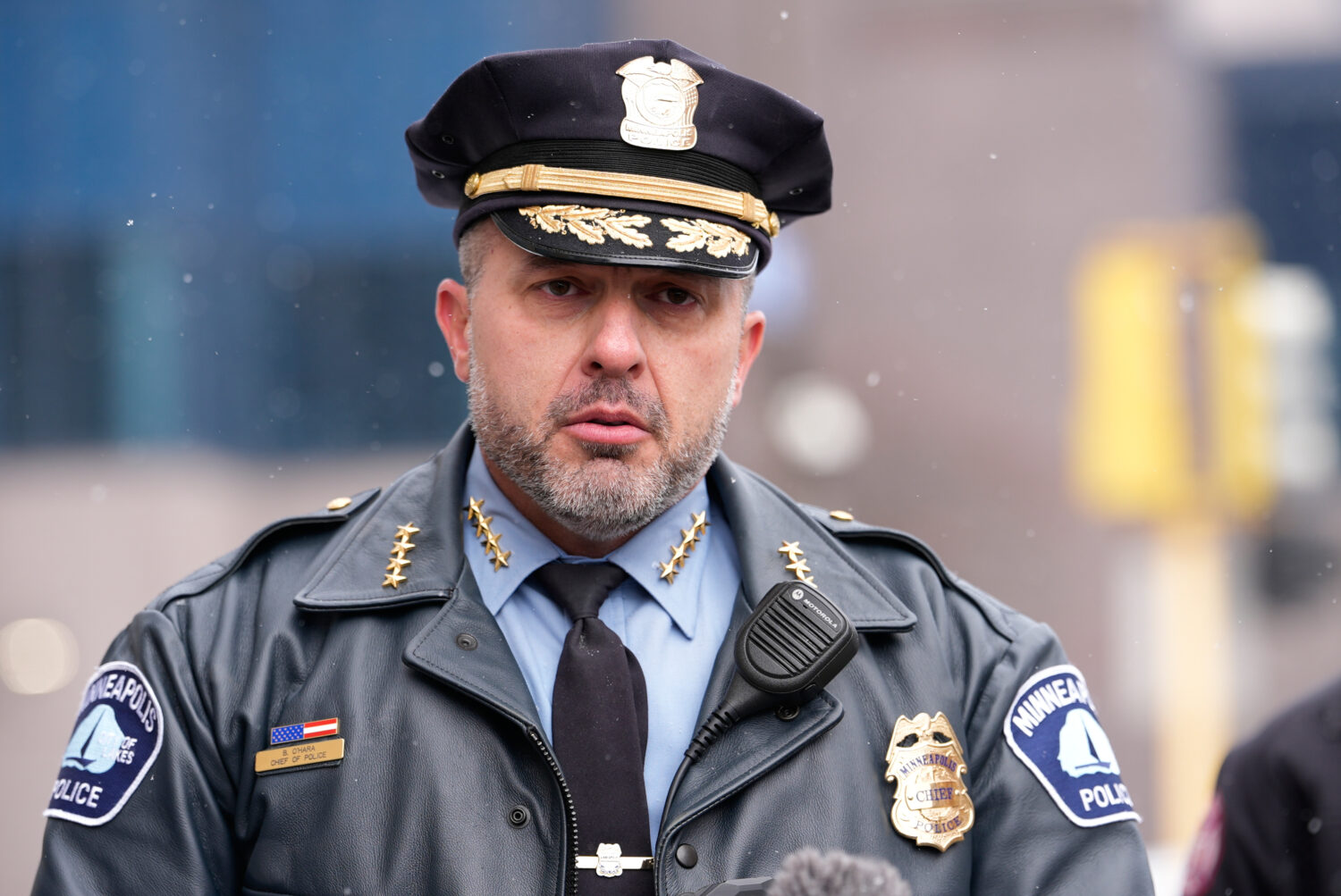 FILE - Minneapolis Police Chief Brian O'Hara speaks during a news conference, Jan. 10, 2026, in Min...
