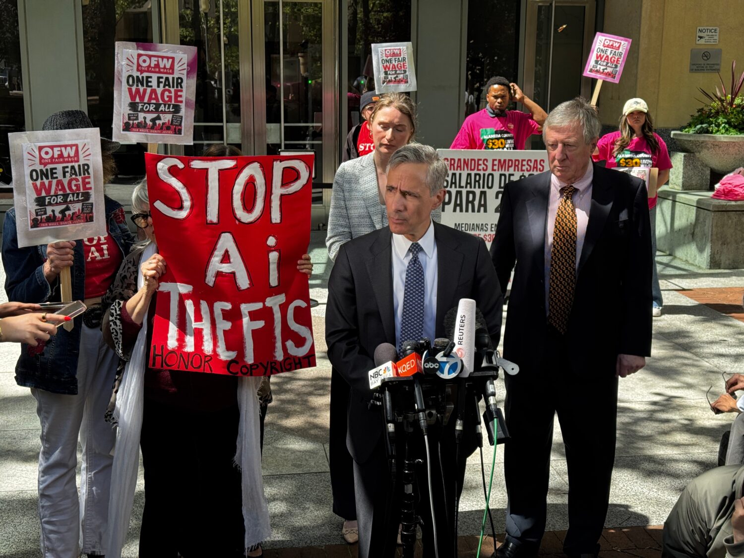 Bill Savitt, an attorney for OpenAI, speaks to the media after a jury ruled in the company's favor ...