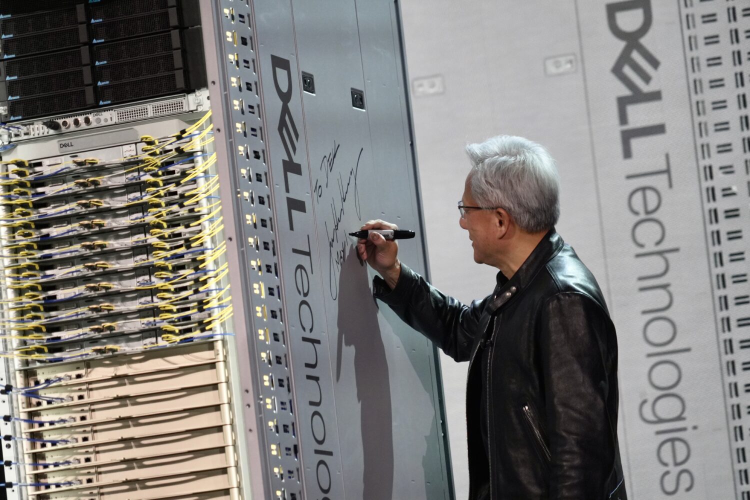 CEO of NVIDIA Jensen Huang signs a DELL machine at Dell Technologies World event happing in Las Veg...