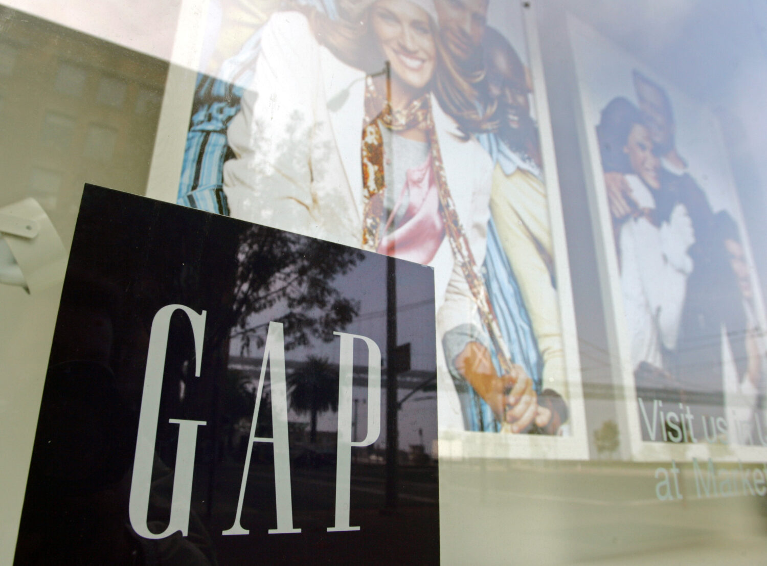 A window display shows current clothing styles at the headquarters of the Gap in San Francisco, Thu...