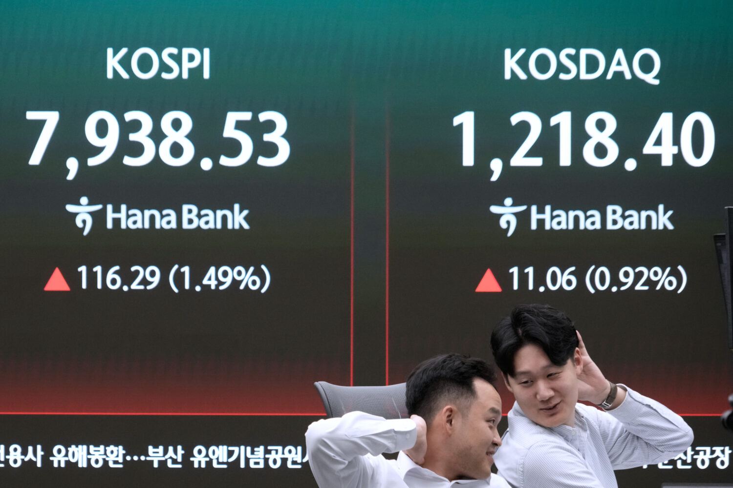 Currency traders react near a screen showing the Korea Composite Stock Price Index (KOSPI), left, a...