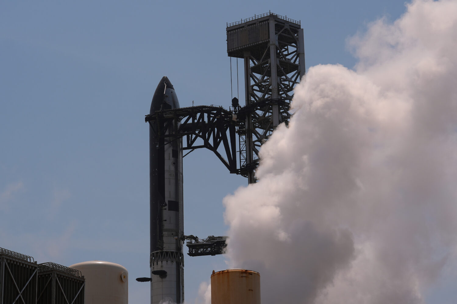 SpaceX's latest version of it's mega rocket Starship is prepared for a test flight from Starbase, T...