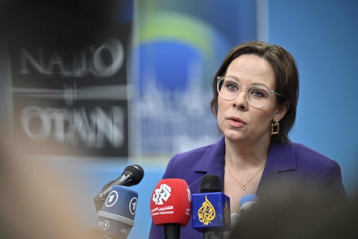 Swedish Foreign Minister Maria Malmer Stenergard speaks to media at the NATO Foreign Ministers' mee...