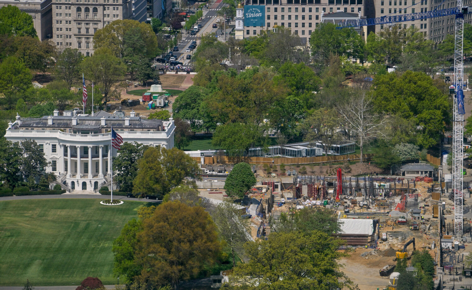 Work continues on the construction of the ballroom at the White House, Thursday, April 9, 2026, in ...
