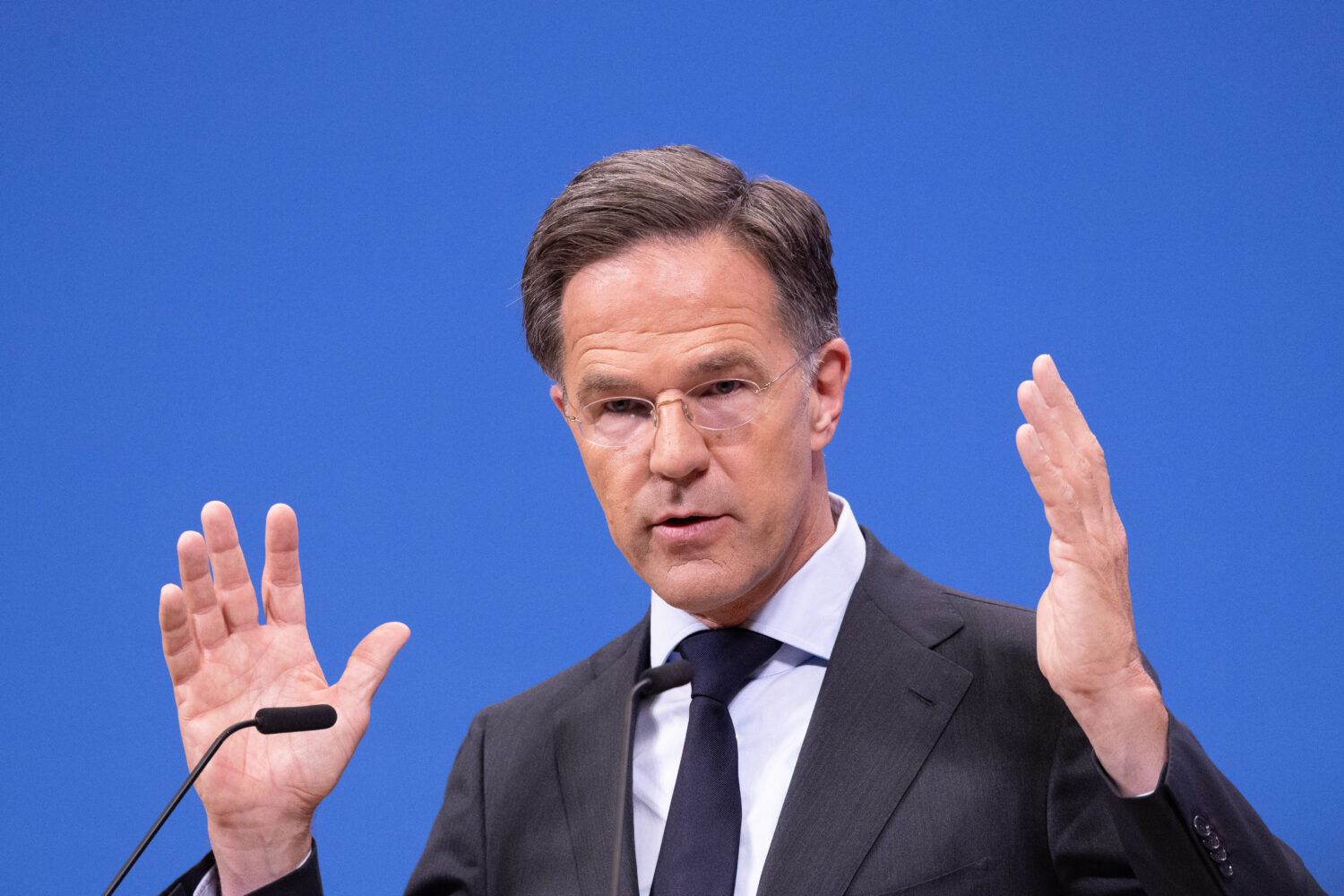 NATO Secretary General Mark Rutte speaks during a pre-ministerial media conference at NATO headquar...