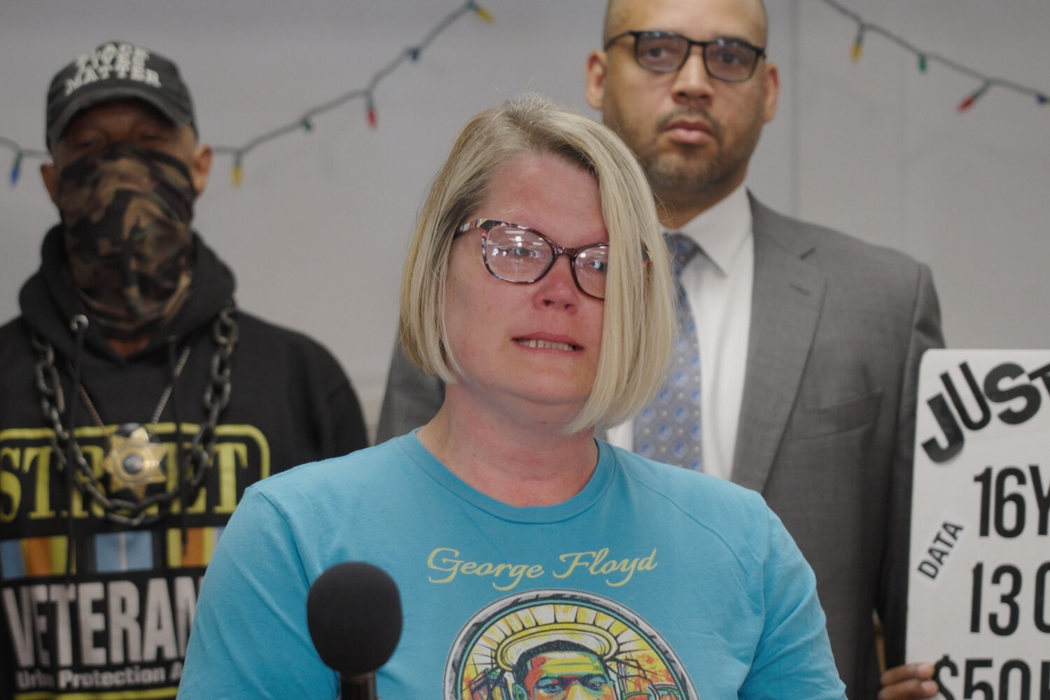 In this photo made from a video, Courteney Ross, George Floyd's girlfriend, speaks to reporters on ...