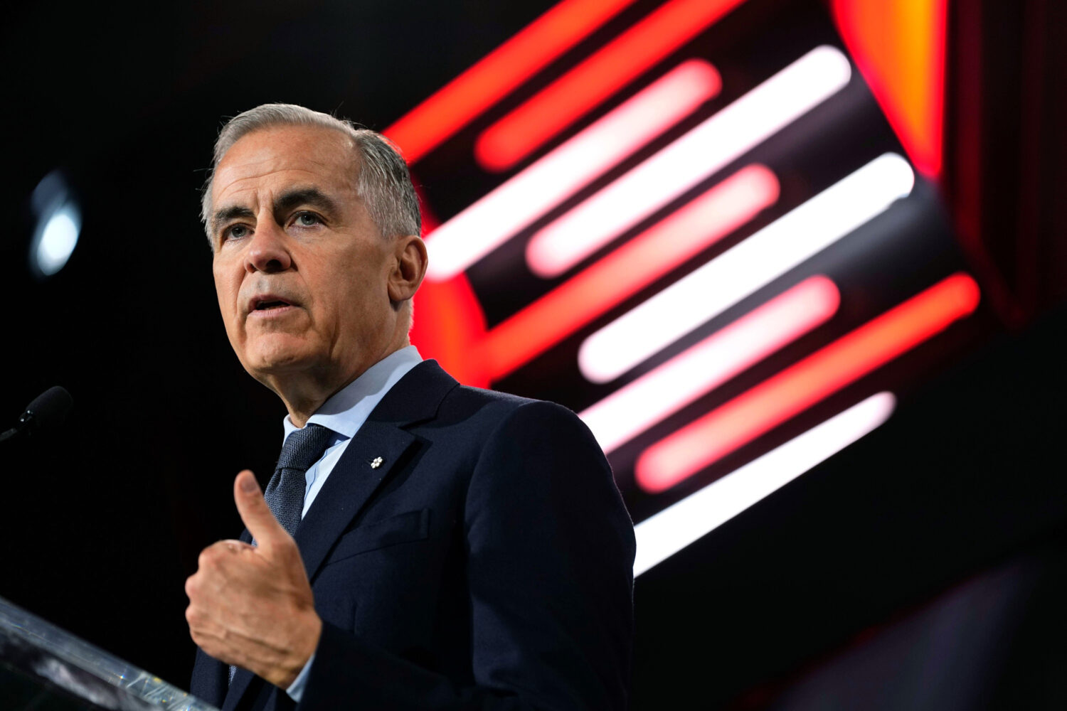 Canadian Prime Minister Mark Carney makes an address at the Canadian Association of Defense and Sec...