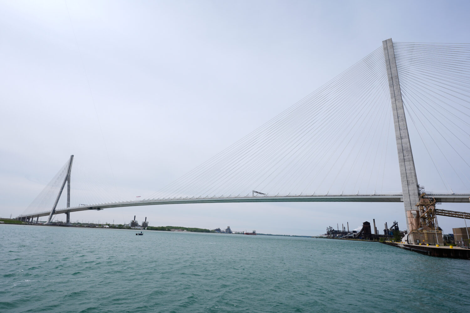 FILE - The Gordie Howe Bridge is shown under construction between Windsor, Ontario and Detroit, May...