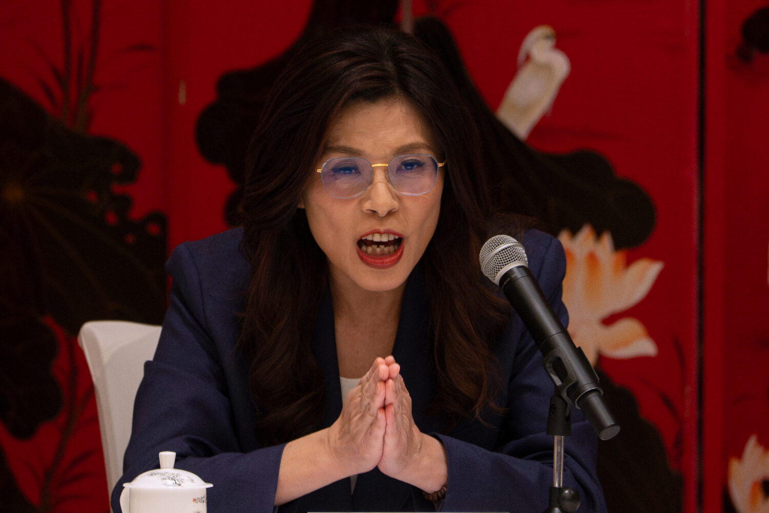 FILE - Taiwan's opposition Kuomintang (KMT) party leader Cheng Li-wun speaks during a news conferen...