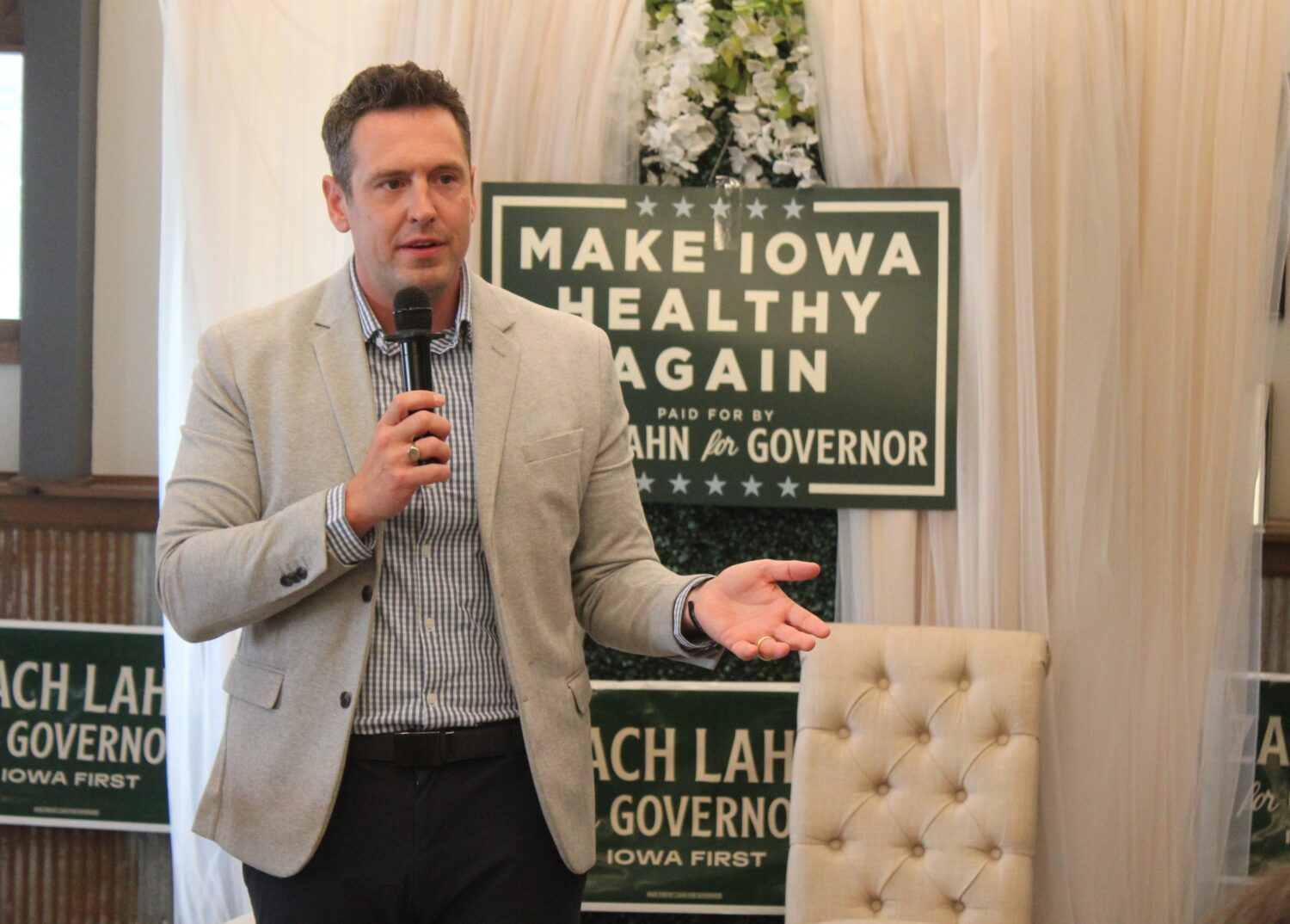 Zach Lahn, Republican candidate for Iowa governor, speaks during a campaign event Thursday, May 28,...