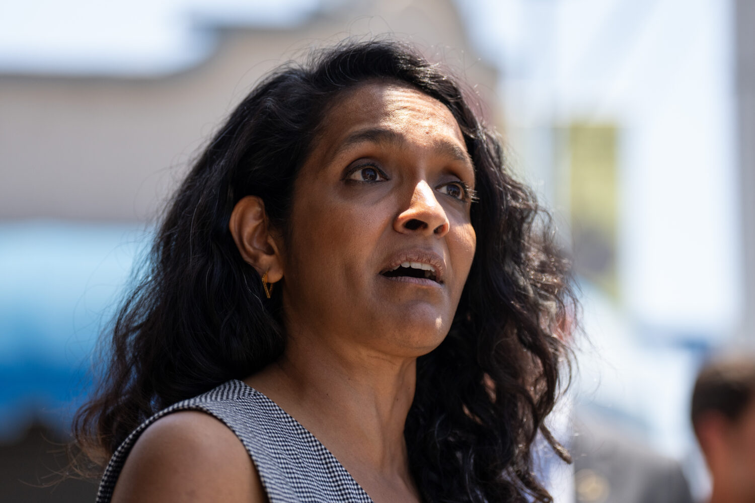 Los Angeles mayoral candidate Nithya Raman talks to reporters after a campaign event in Los Angeles...