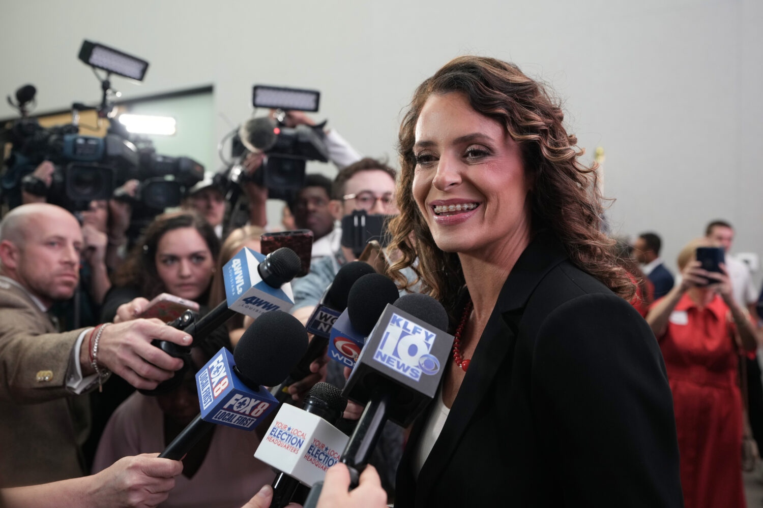 FILE - U.S. Senate candidate Rep. Julia Letlow, R-La., speaks to media during an election night wat...