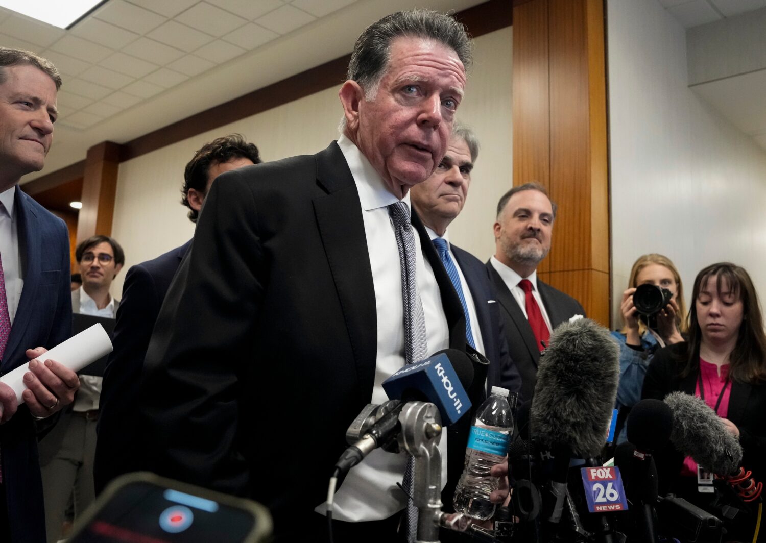 FILE - Attorney Dan Cogdell addresses reporters, March 26, 2024, at Harris County Criminal Courts a...