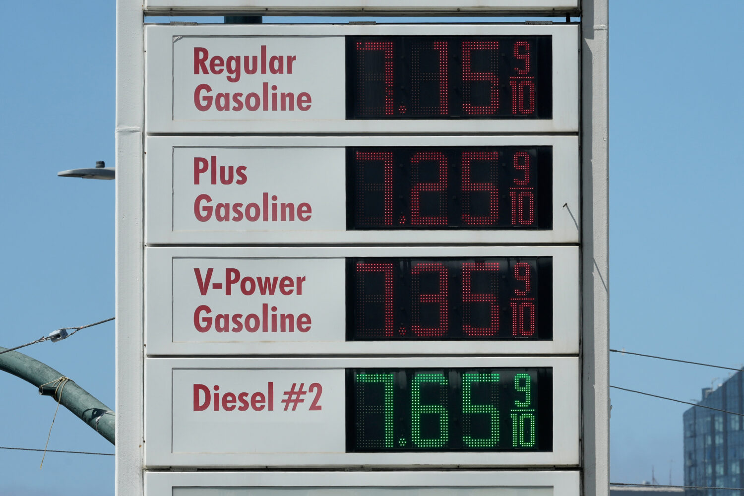 FILE - Prices are displayed on a digital gas station sign in San Francisco, April 29, 2026. (AP Pho...