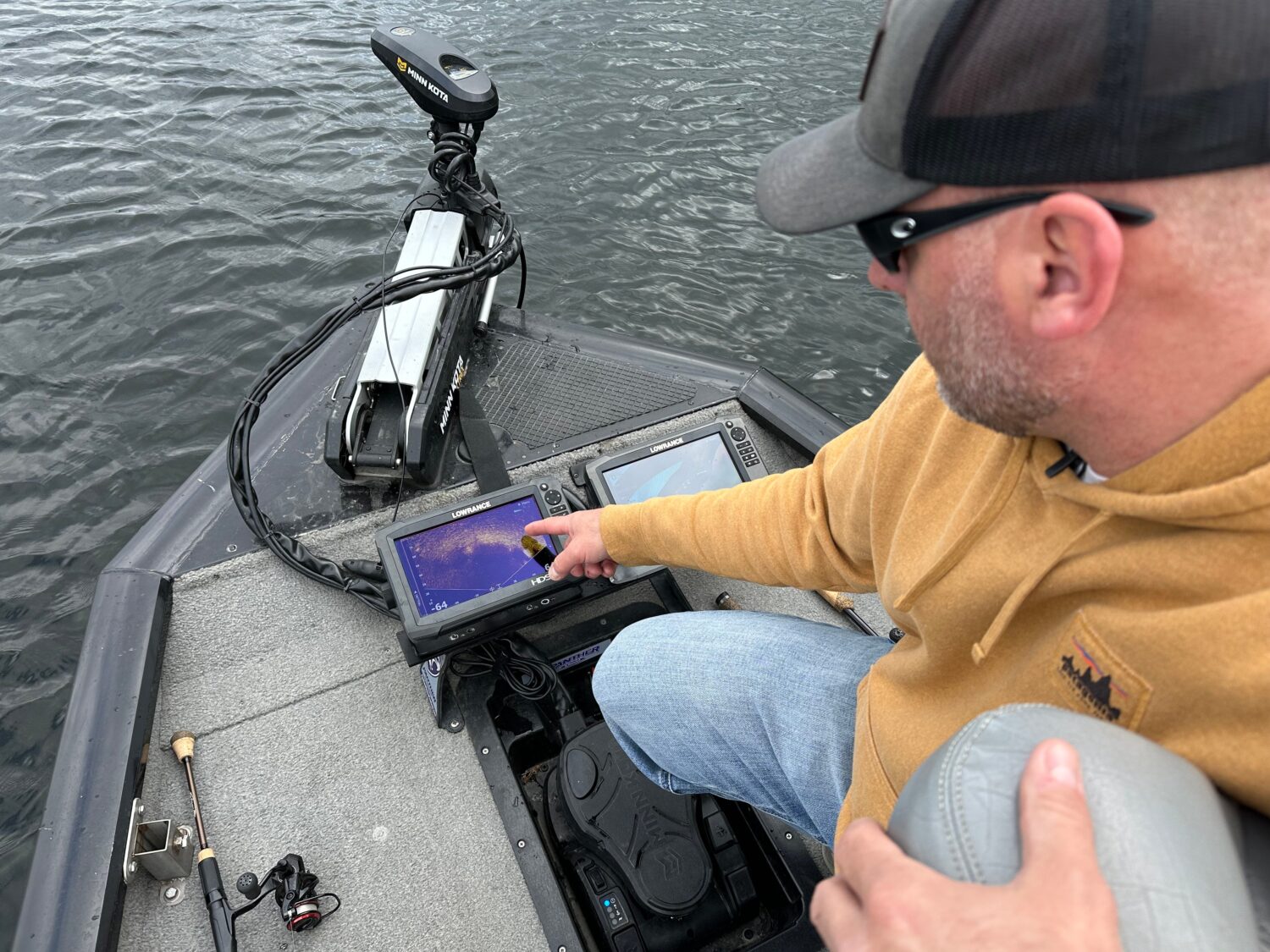 Terry Rehm points out a fish on his forward looking sonar system Saturday, May 23, 2026 in Nowthen,...