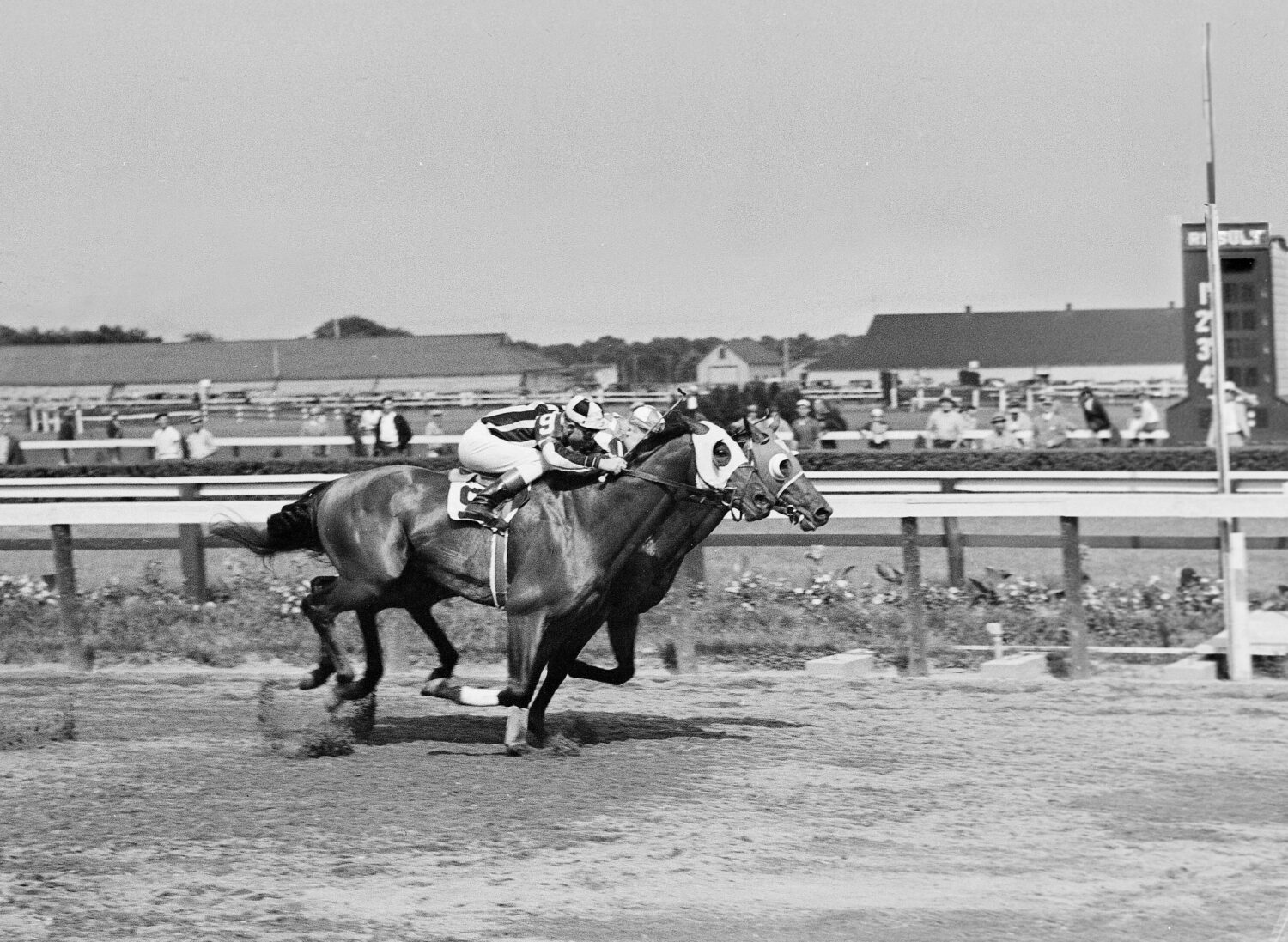 FILE - Seabiscuit leads local horse Aneroid by a nose in the Brooklyn Handicap at the Aqueduct race...