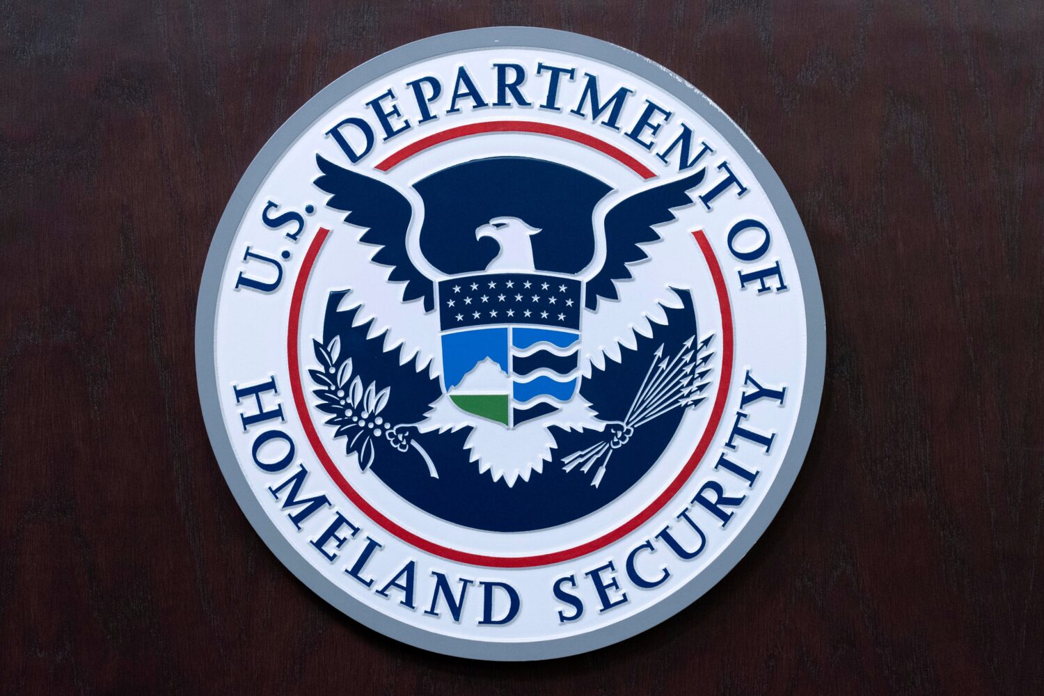 FILE - The seal of U.S. Department of Homeland Security is seen before a news conference at ICE Hea...