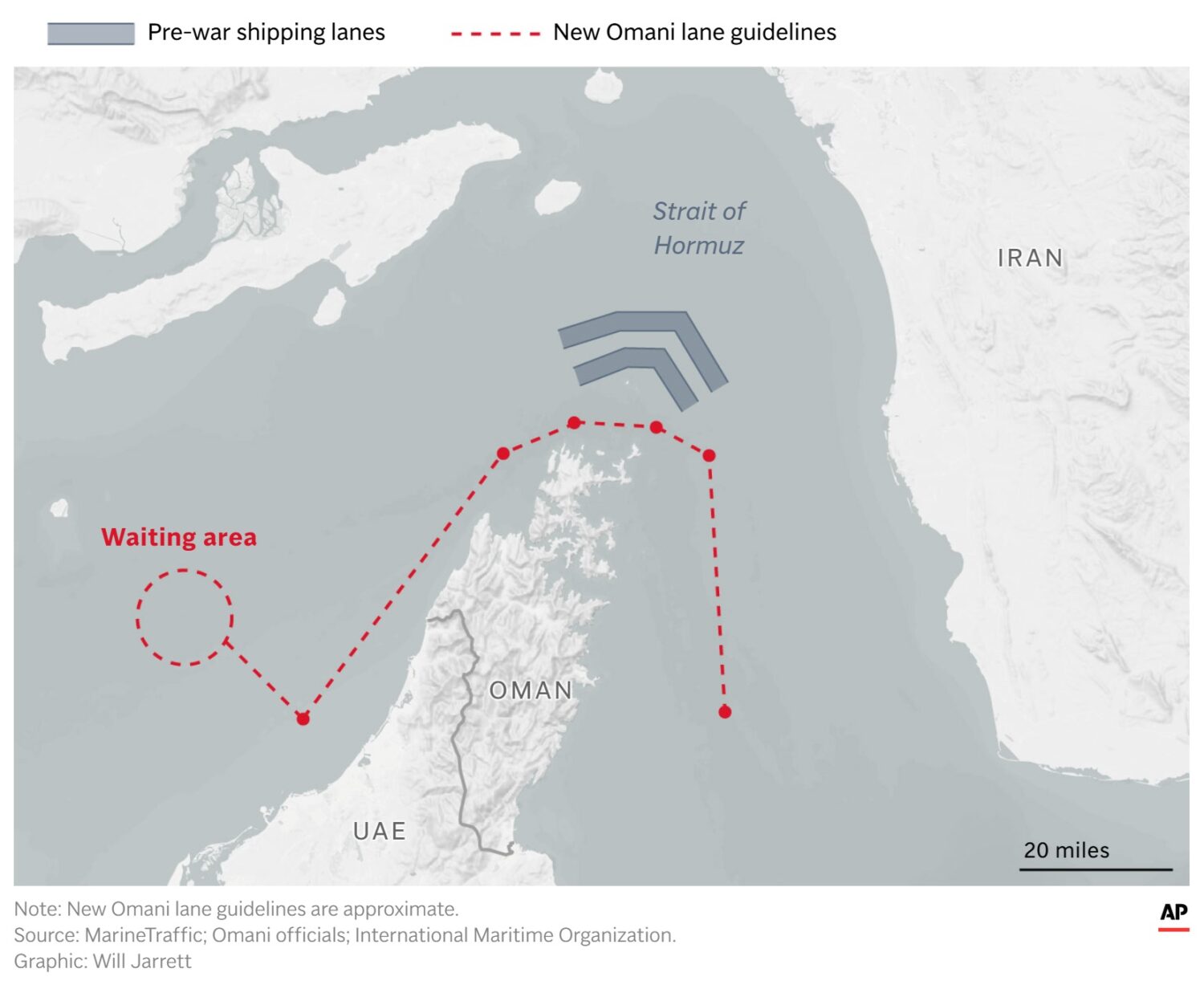 Map showing the approximate route of a new shipping lane by Oman. (AP Digital Embed)Credit: AP Phot...