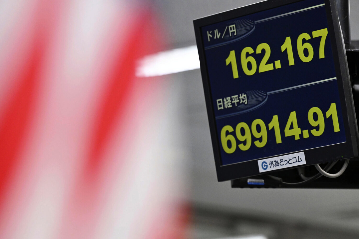 An electronic board shows Japan's benchmark Nikkei 225 index, bottom, and exchange rate of the Japa...