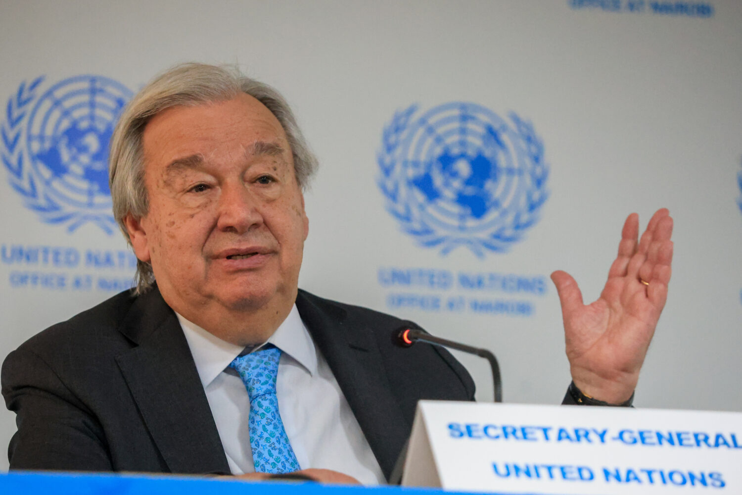 Secretary-General of the United Nations António Guterres talks to members of the press during a gr...