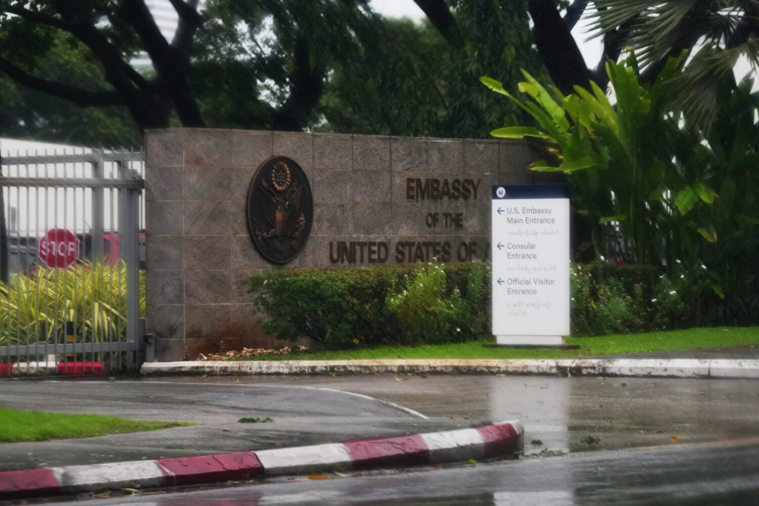 The entrance of the U.S. Embassy is seen in Yangon, Myanmar, Friday, June 12, 2026. (AP Photo)Credi...