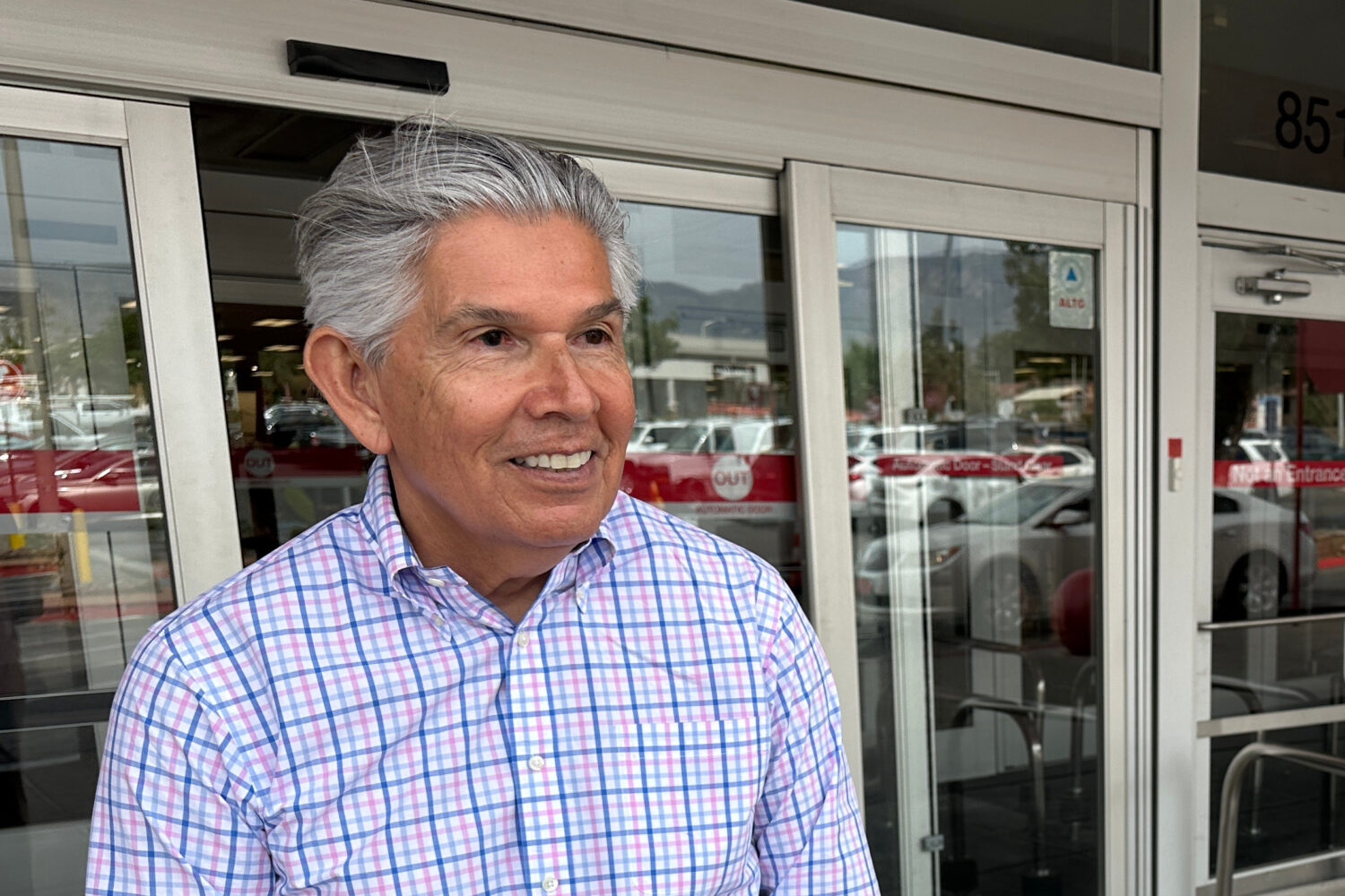 FILE - Republican gubernatorial candidate Duke Rodriguez talks with a voter in Albuquerque, N.M., T...