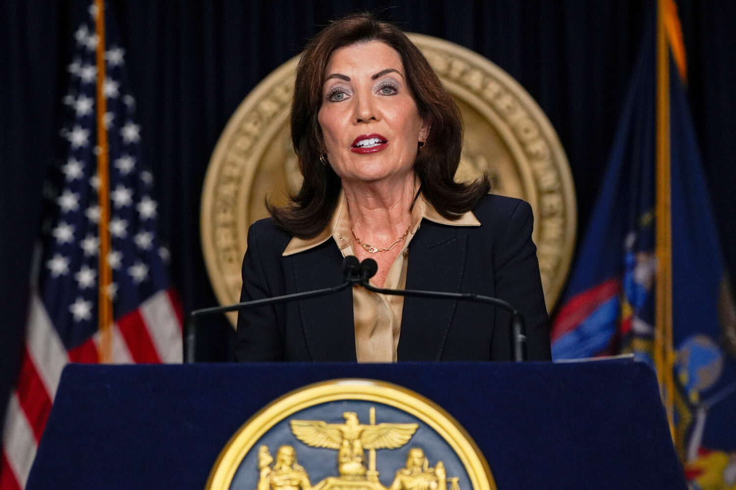 FILE - New York Gov. Kathy Hochul speaks at a news conference, Feb. 20, 2025, in New York. (AP Phot...