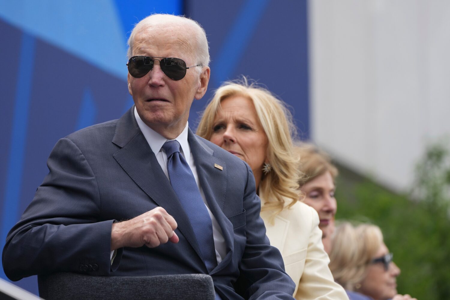 From l-r., former President Joe Biden, former first lady Jill Biden, former first lady Laura Bush a...