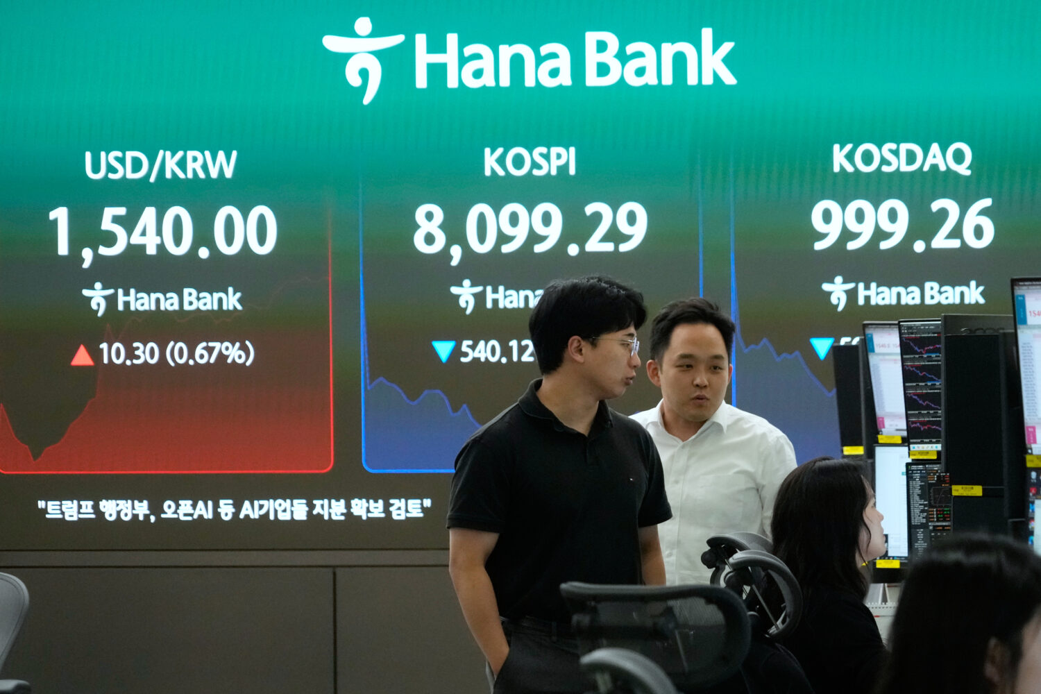 Currency traders watch monitors near a screen showing the Korea Composite Stock Price Index (KOSPI)...