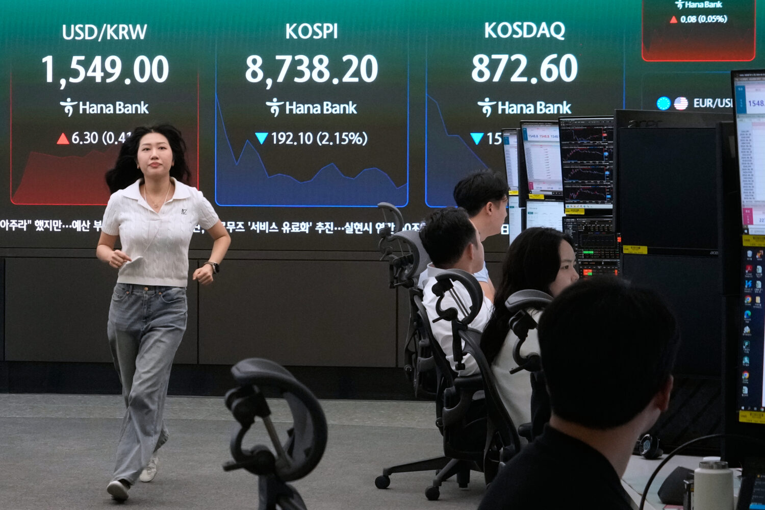A currency trader passes by a screen showing the Korea Composite Stock Price Index (KOSPI) and the ...