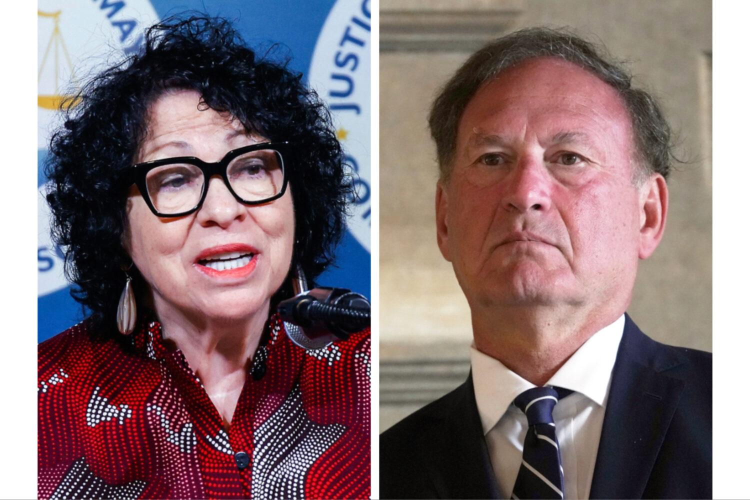 This combination photo shows Justice Sonia Sotomayor, Sept 16, 2024, in New York, left, and Justice...