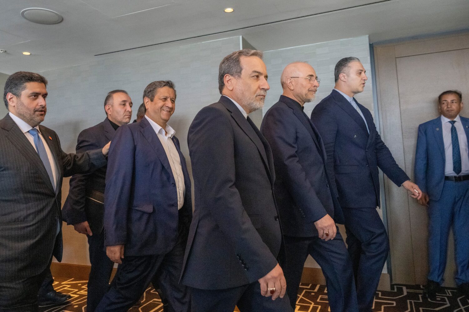 Minister of Foreign Affairs of Iran, Seyyed Abbas Araghchi, 3rd from right, and Speaker of the Isla...