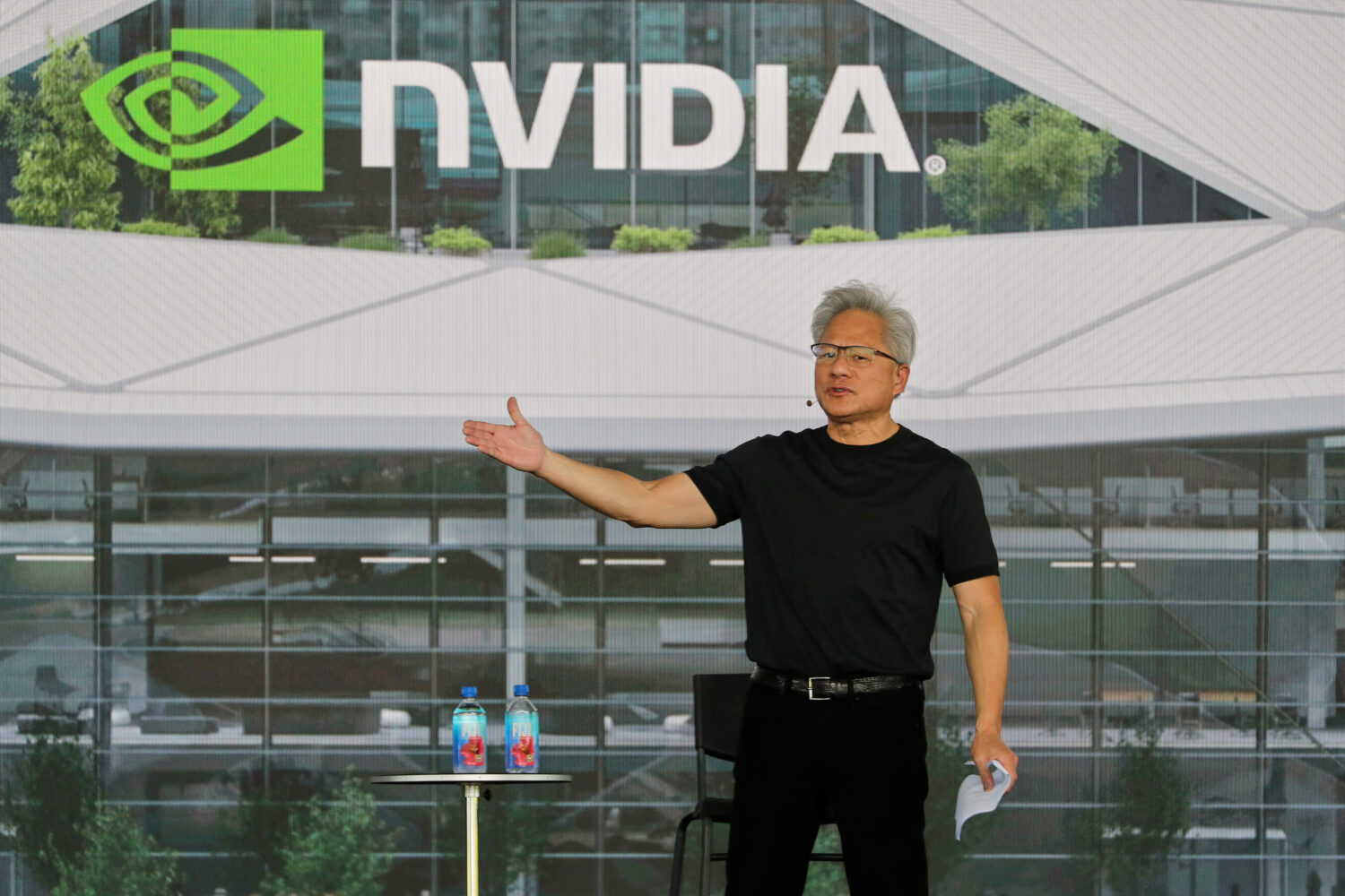 Nvidia CEO Jensen Huang delivers a speech during an all employee celebration at the construction si...