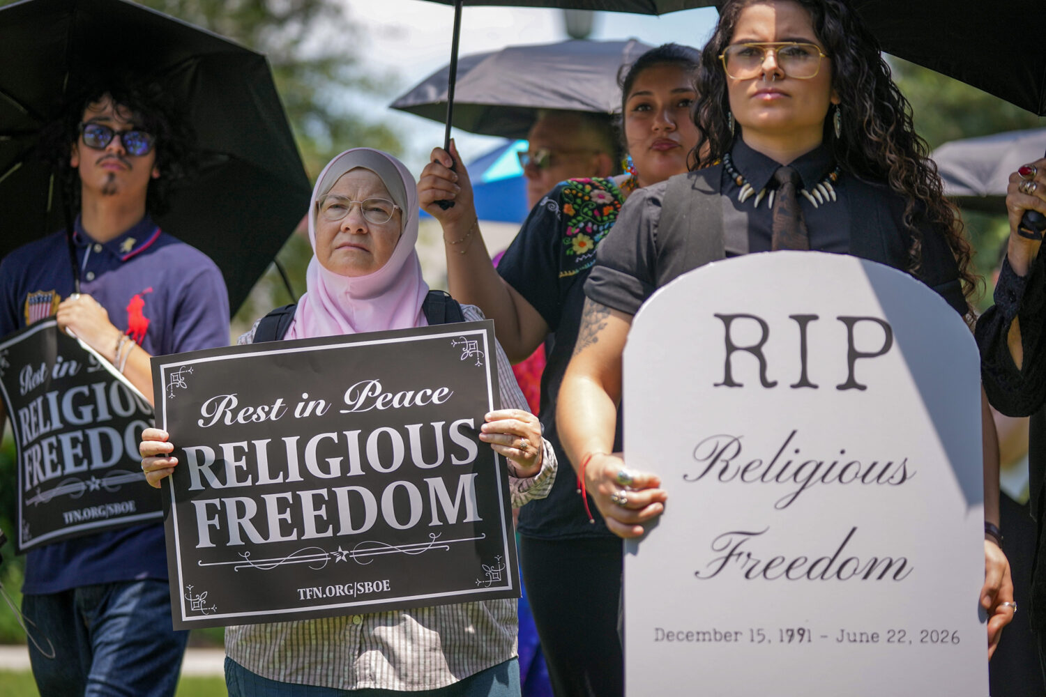 Ruth Nasrullah, left, and Rocio Fierro-Perez, political director for the Texas Freedom Network, par...