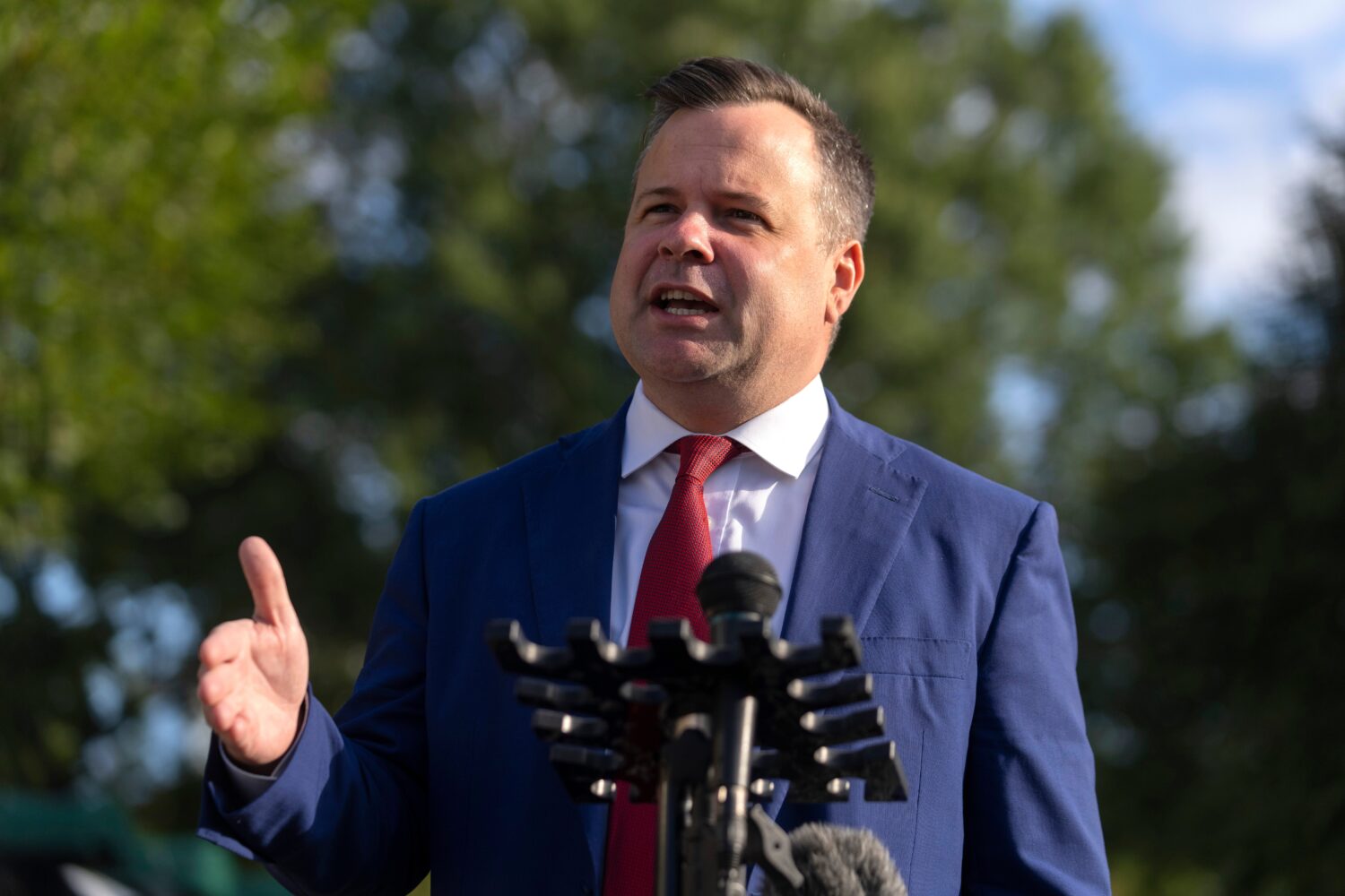 FILE - Director of the Federal Housing Finance Agency Bill Pulte speaks with reporters at the White...