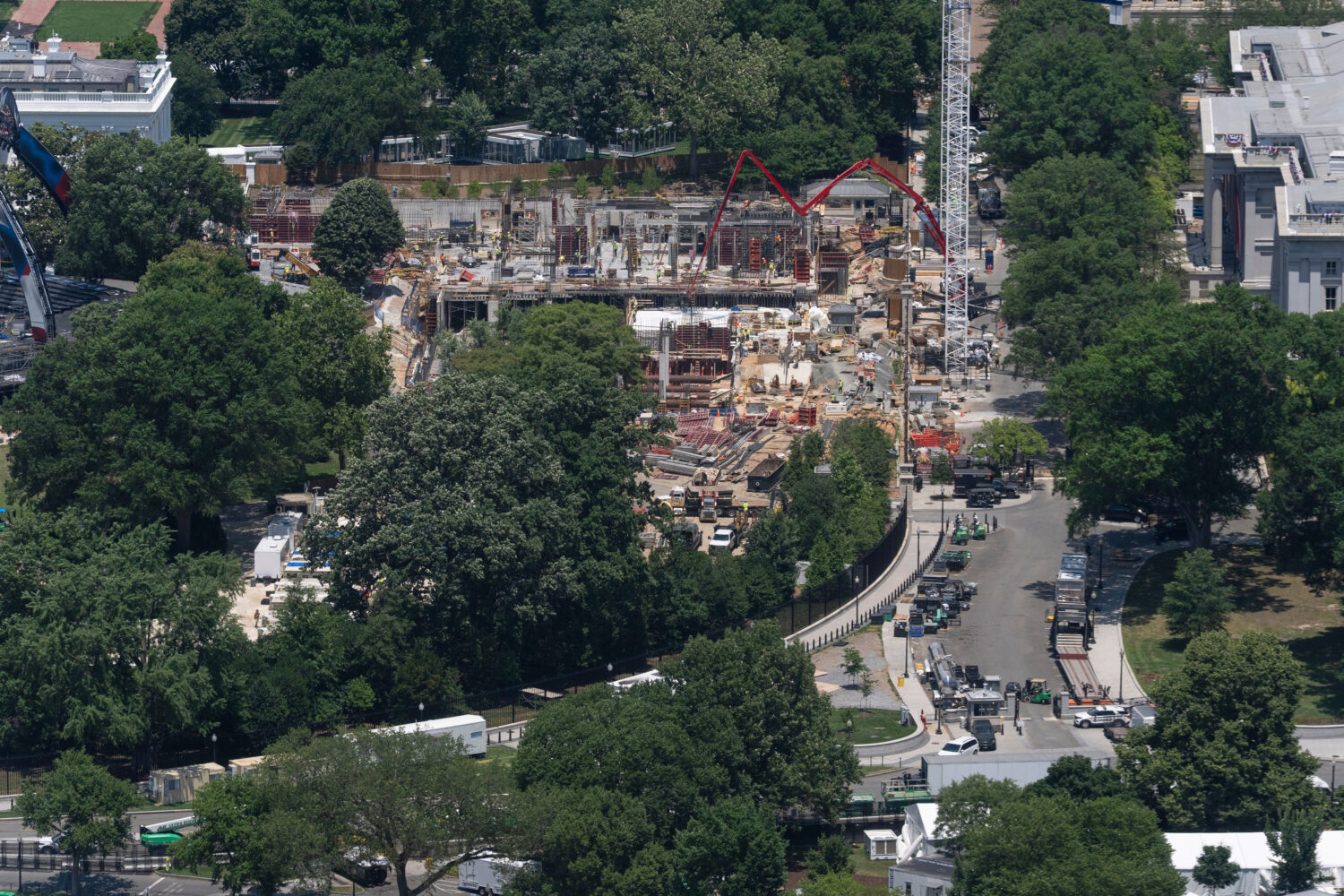 Construction continues on the new White House ballroom, as seen from the Washington Monument, Wedne...