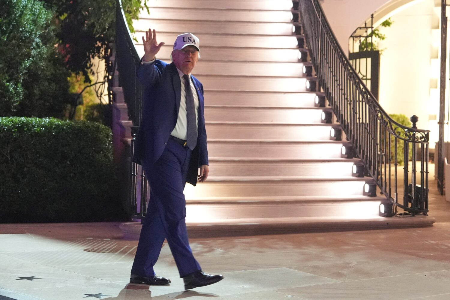 President Donald Trump departs at the conclusion of the UFC Freedom 250 on the South Lawn of the Wh...