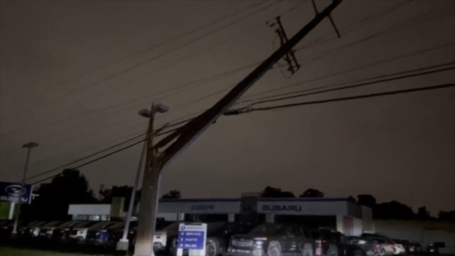 This grab from a video shot by WCPO-TV shows an electricity pole damaged by the storm, on Thursday,...