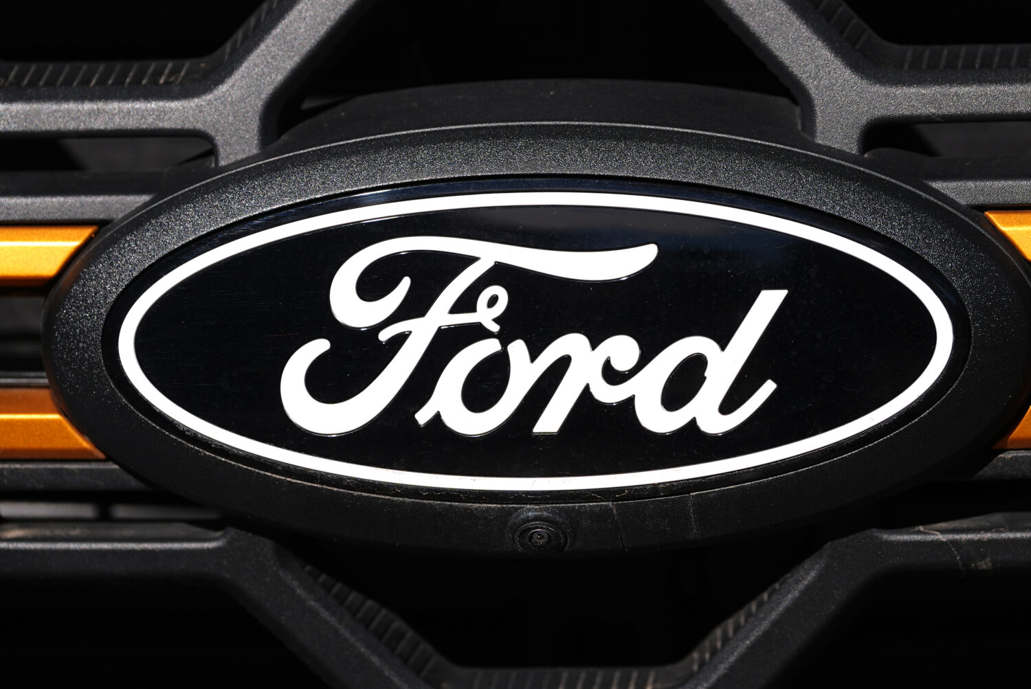 FILE - The company logo is shown on the grille of an unsold 2026 F-series pickup truck on the lot o...