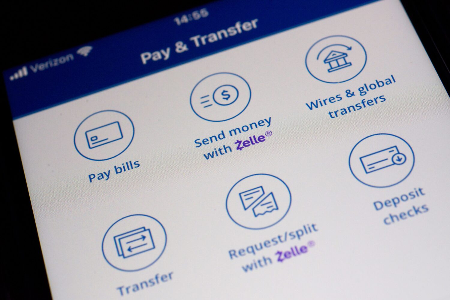 FILE - Options to use the Zelle payments network are seen on a mobile banking app in New York, Dec....