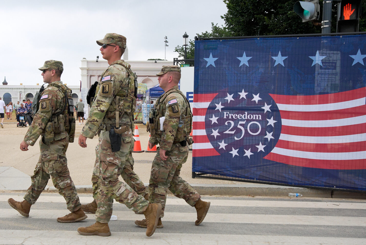 Soldiers from the Mississippi National Guard patrol along the Great American State Fair on the Nati...