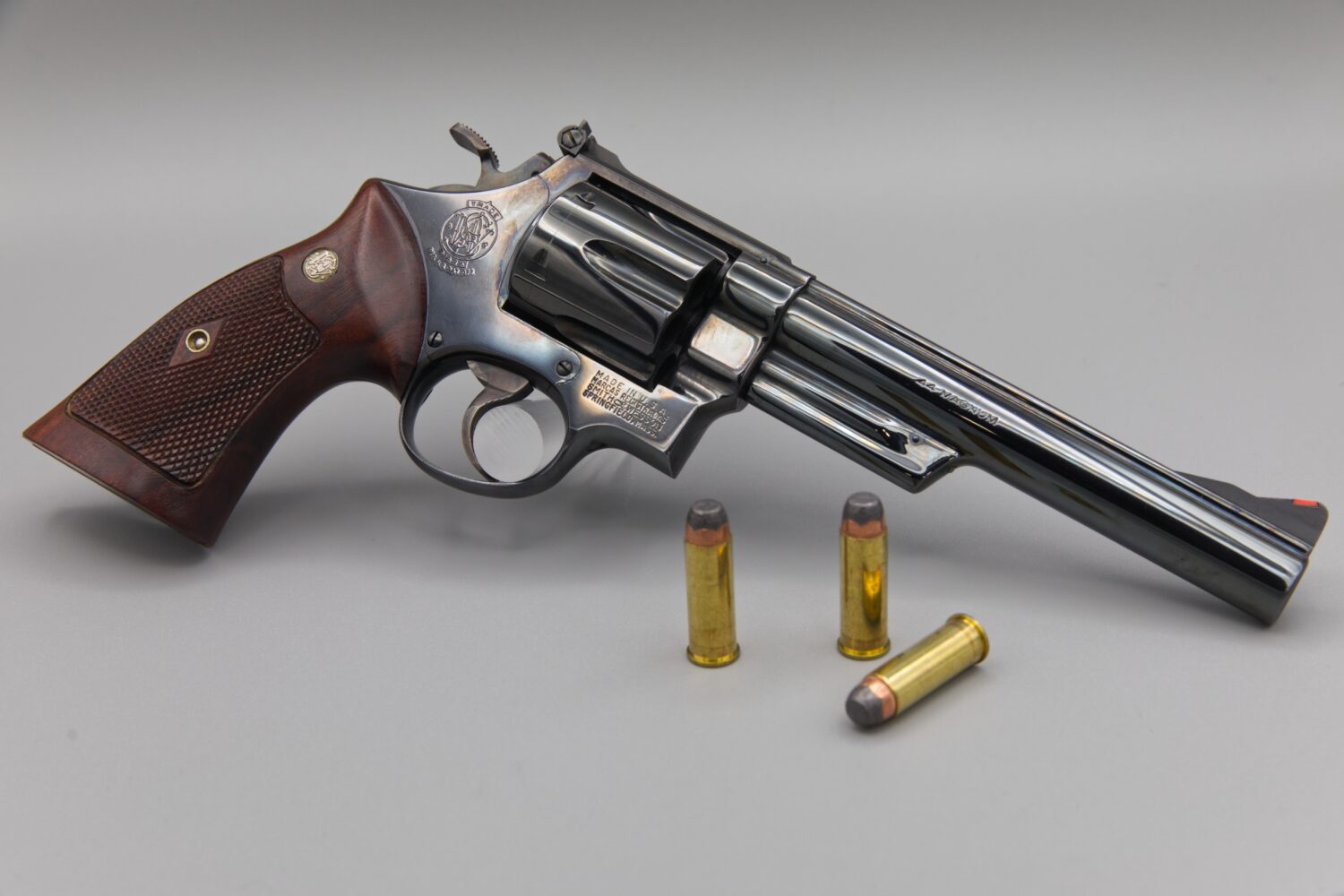A Smith & Wesson Model 29 revolver chambered in .44 Magnum is displayed at the Shootit gun store in...
