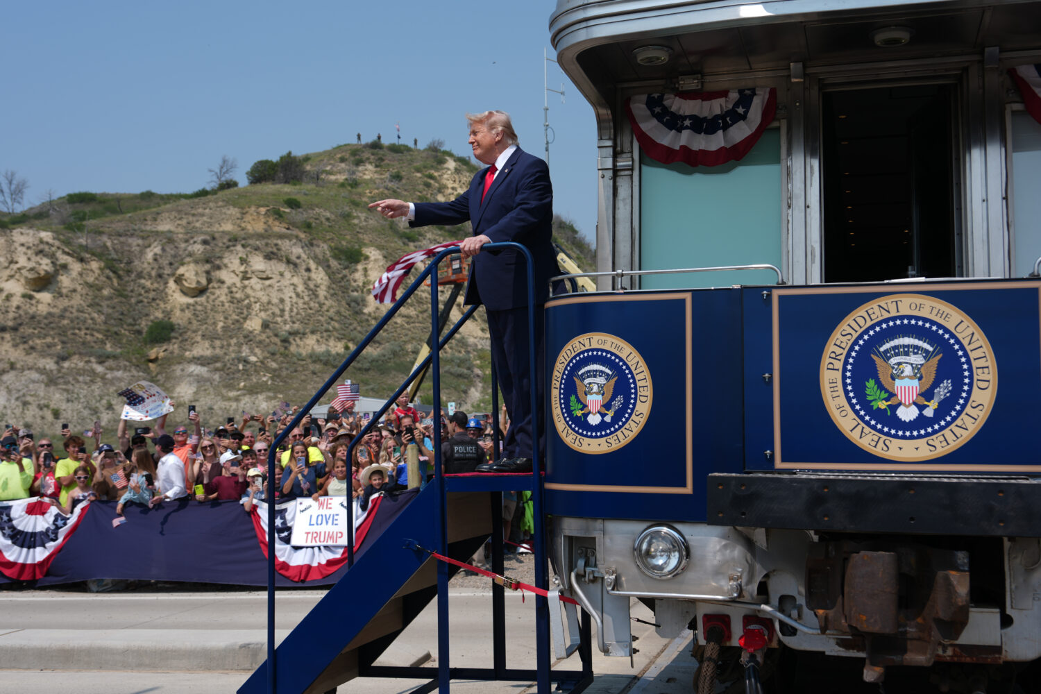 President Donald Trump arrives on the Freedom 250 train, Wednesday, July 1, 2026, in Medora, N.D., ...