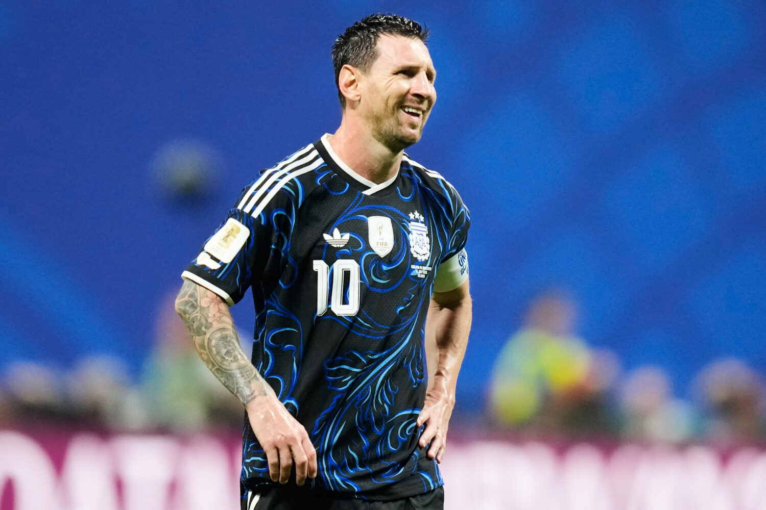 Argentina's Lionel Messi (10) reacts during the World Cup semifinal soccer match between England an...