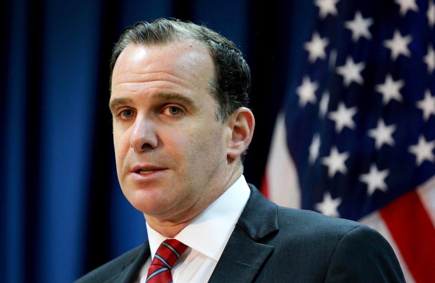 FILE - Brett McGurk, the U.S. envoy for the global coalition against IS, speaks during a news confe...
