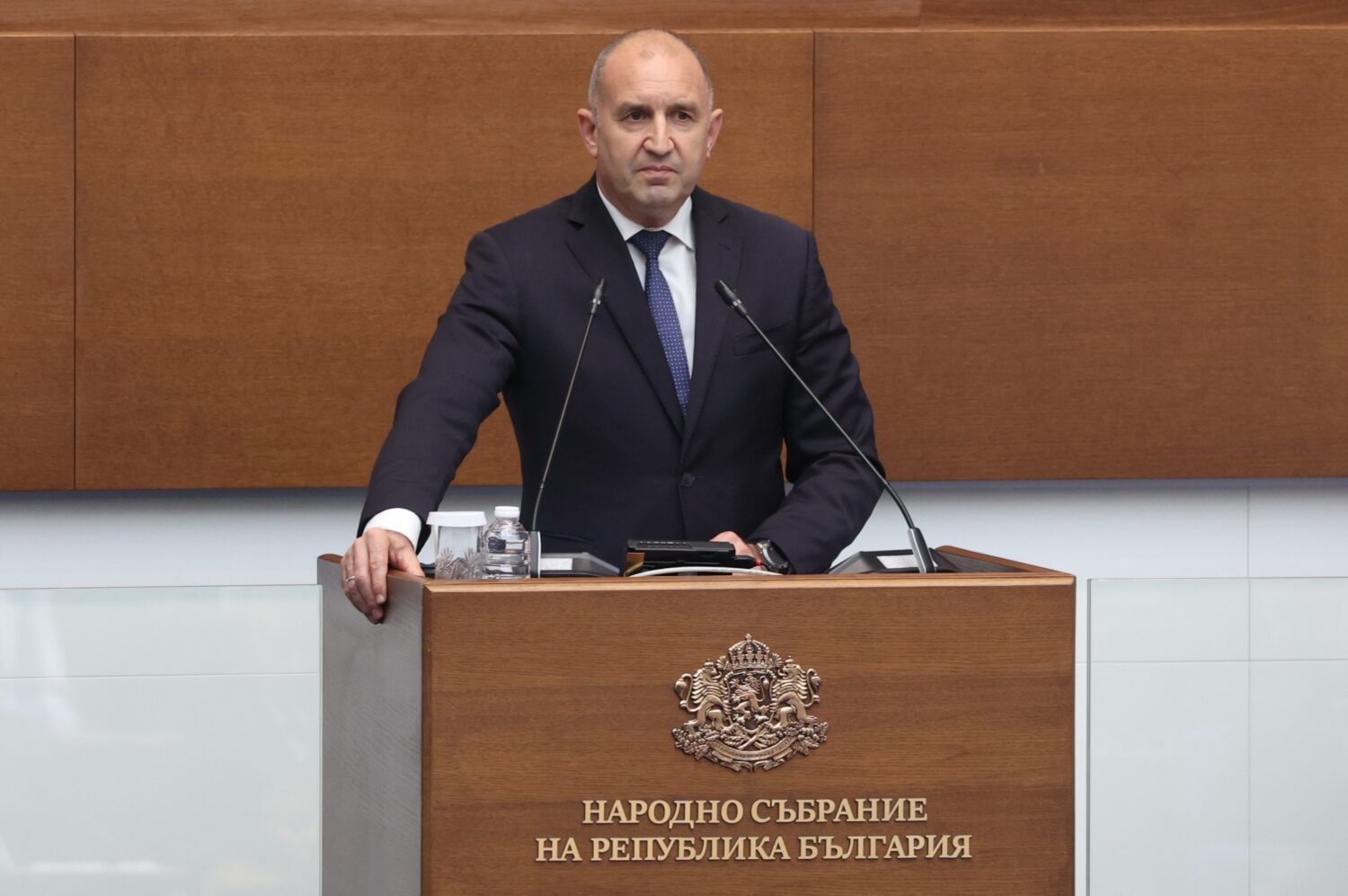 Prime Minister Rumen Radev speaks during debated as Bulgarian Parliament approved deployment of U.S...