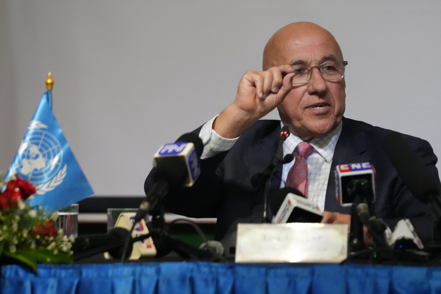 U.N. Special Rapporteur on the situation of human rights Tom Andrews gestures as he answers to the ...