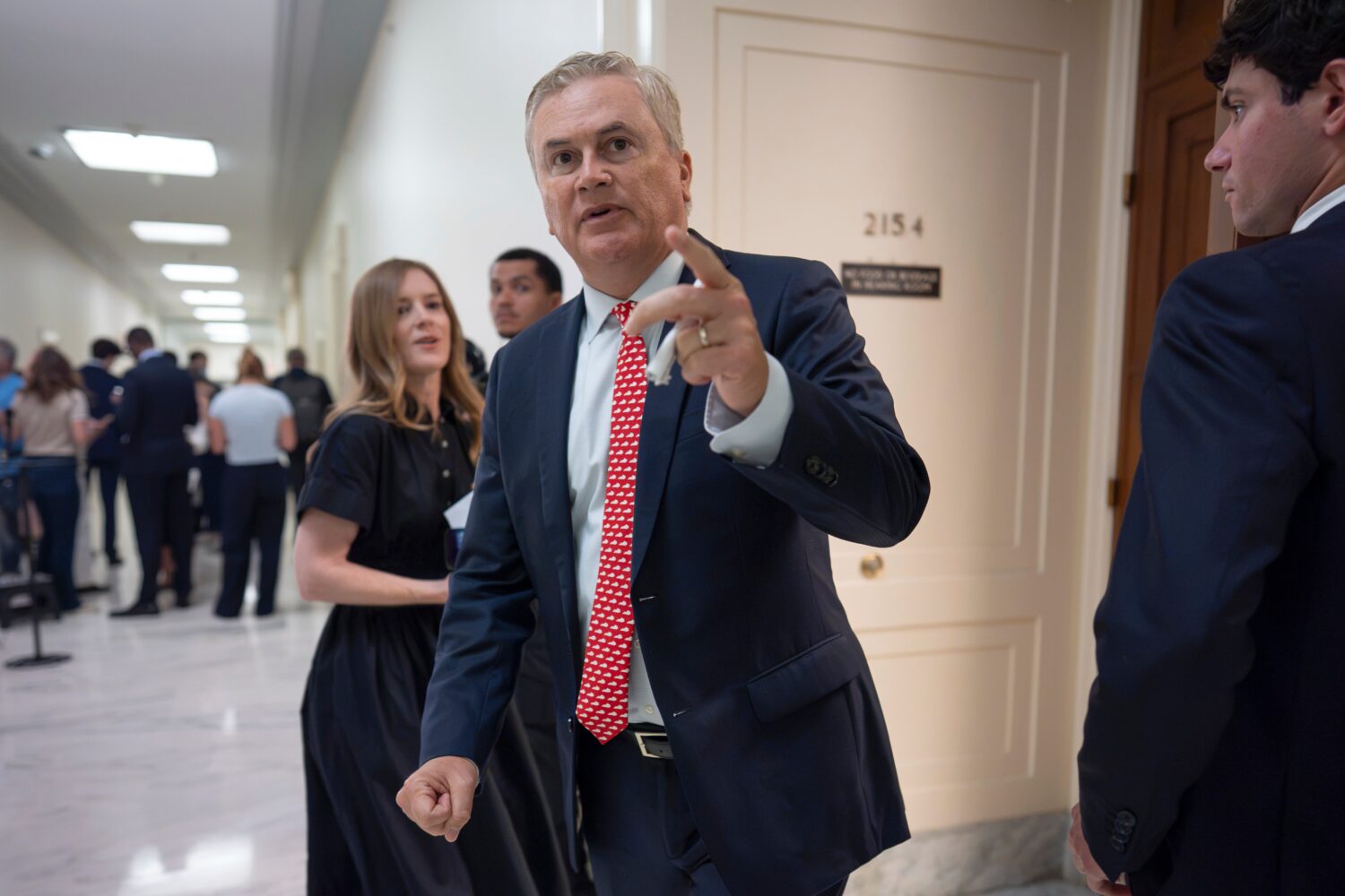 House Oversight Committee Chairman James Comer, R-Ky., arrives to hold a closed-door interview with...
