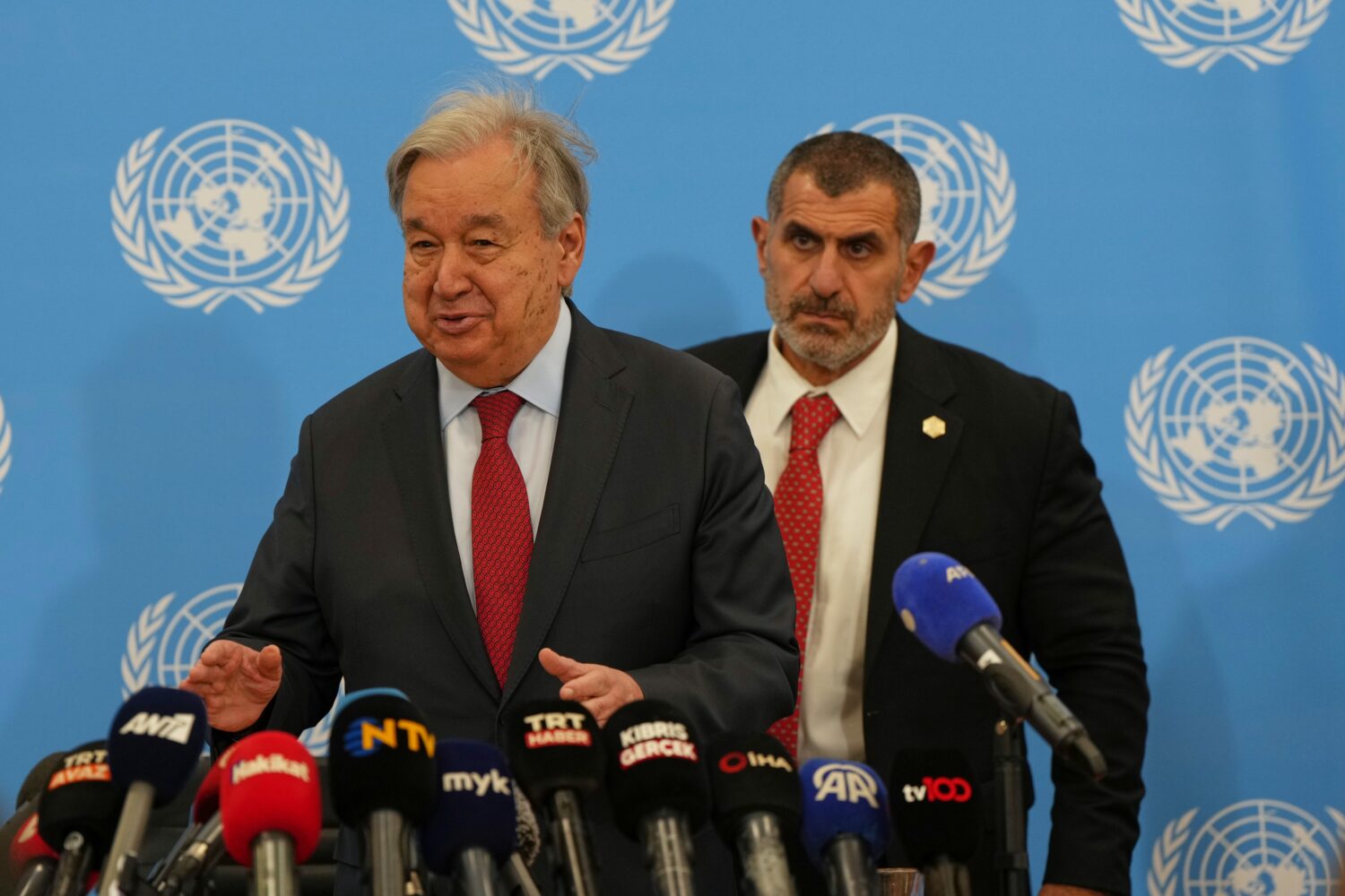 United Nations Secretary-General Antonio Guterres arrives for a news conference after his join meet...